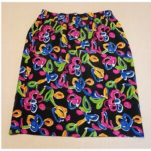 Graver Studio Women Floral Midi Skirt Black Pink Abstract Elastic Waist L A36372
